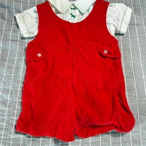 Vintage 80s Cherubs Red Velour Baby Romper with White Detailed Shirt